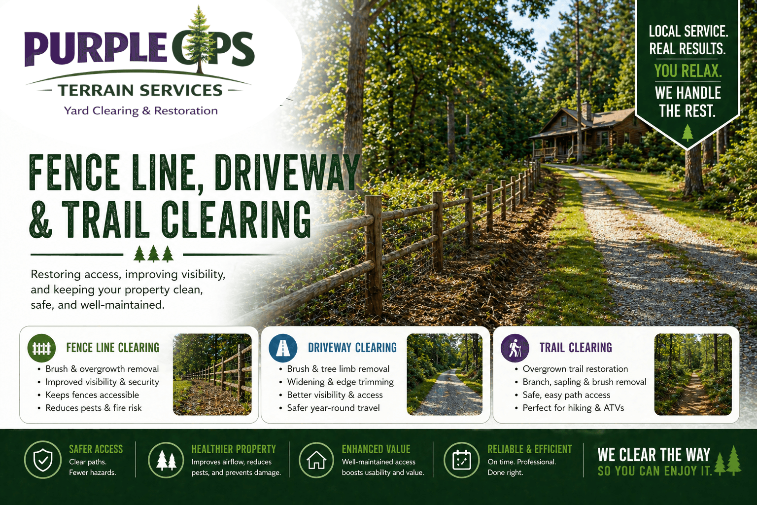 Branded fence line, driveway, and trail clearing service visual