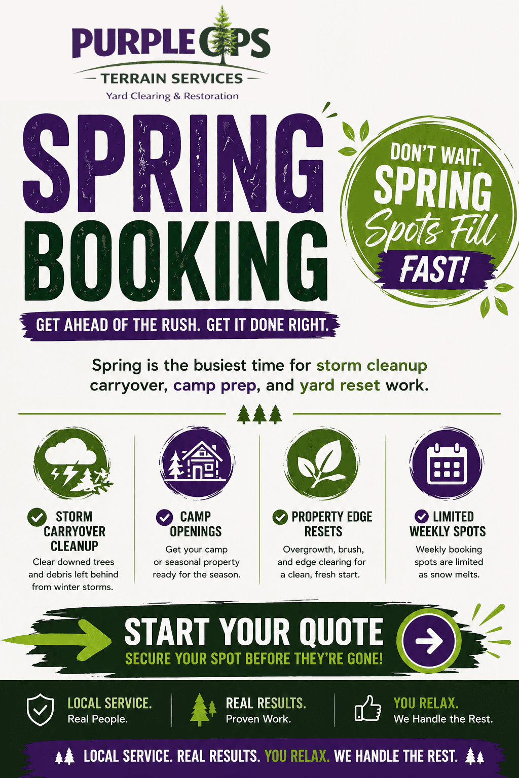 Spring booking visual highlighting storm carryover cleanup, camp openings, property edge resets, and limited weekly spots.
