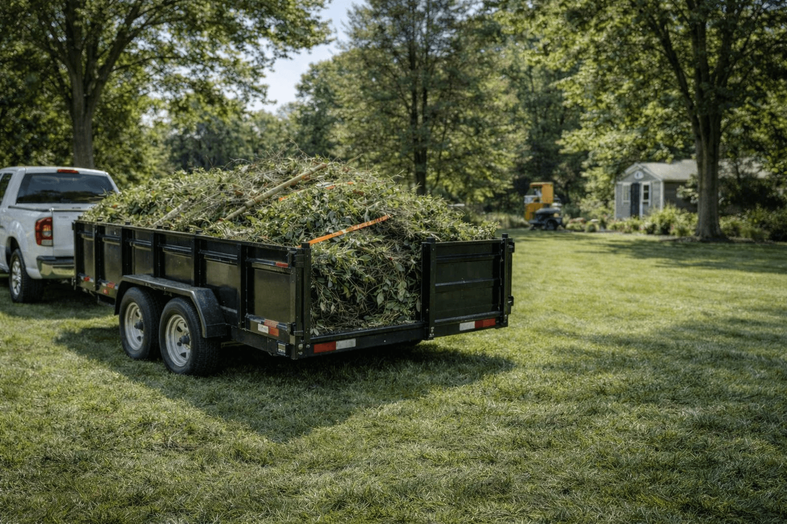Purple Operations truck and trailer loaded with yard cleanup debris