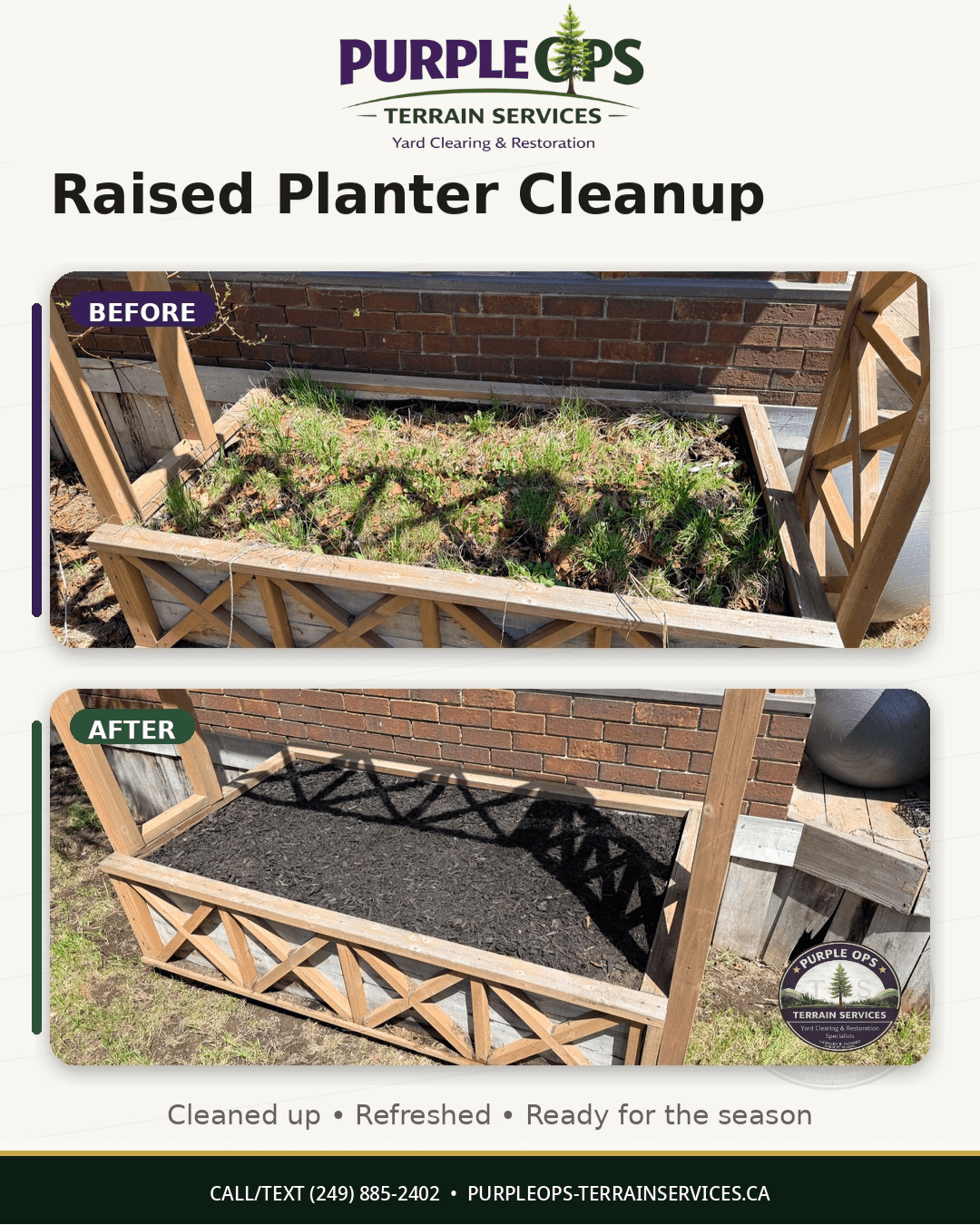 Before and after raised planter cleanup with fresh black mulch