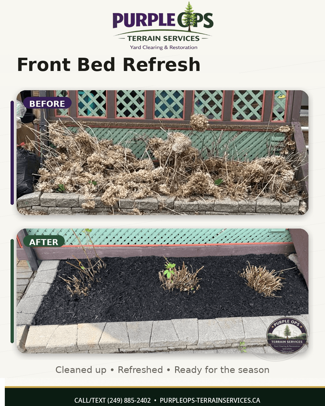 Before and after front garden bed refresh with cleaned plants and mulch