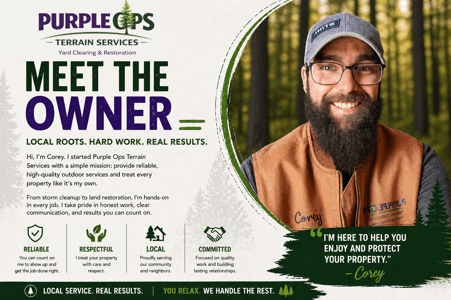 Meet the owner visual for Purple Operations Terrain Services