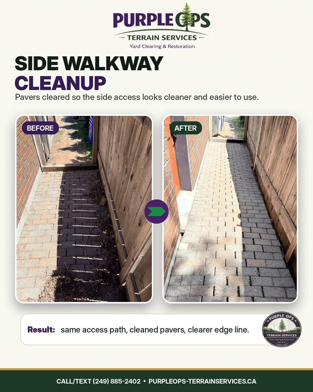 Before and after side walkway cleanup with pavers cleared